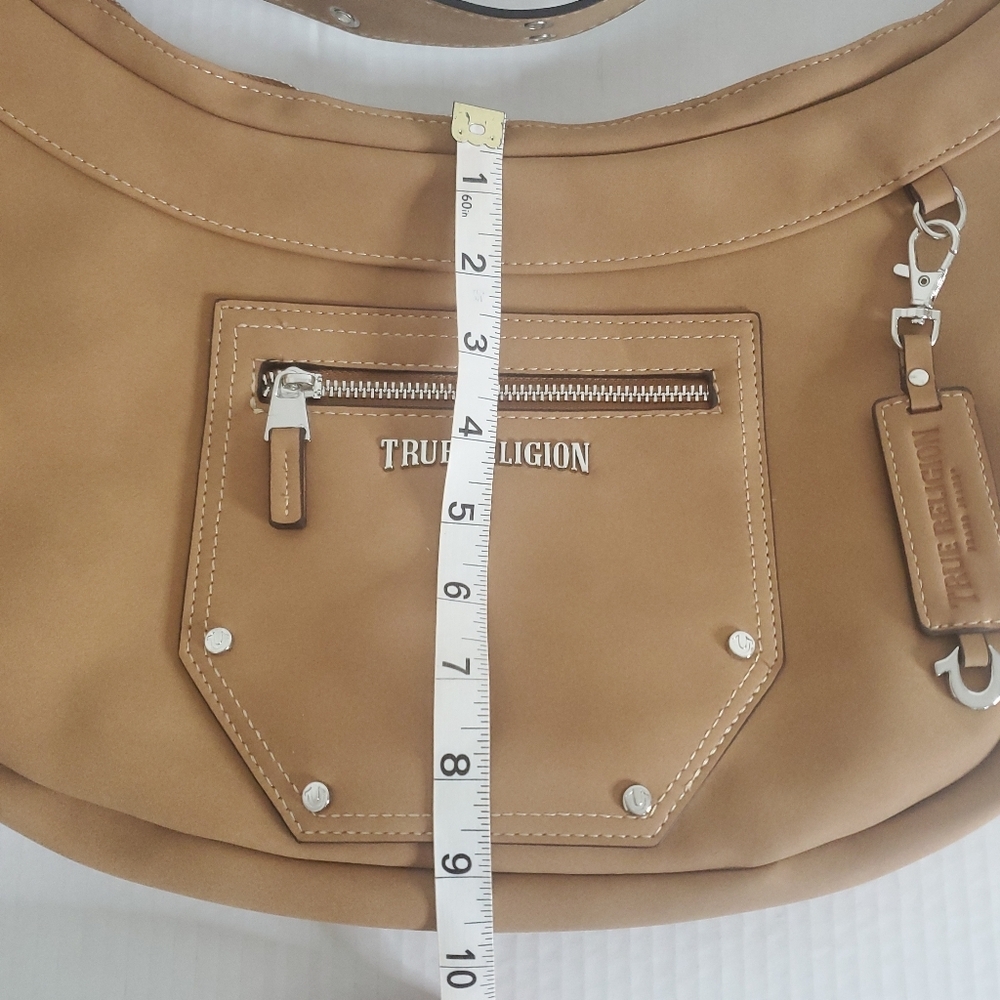 True Religion Suede PU Hobo Crossbody Bag Tan Adjustable Strap Zip Top Y2k Urban - Picture 7 of 15